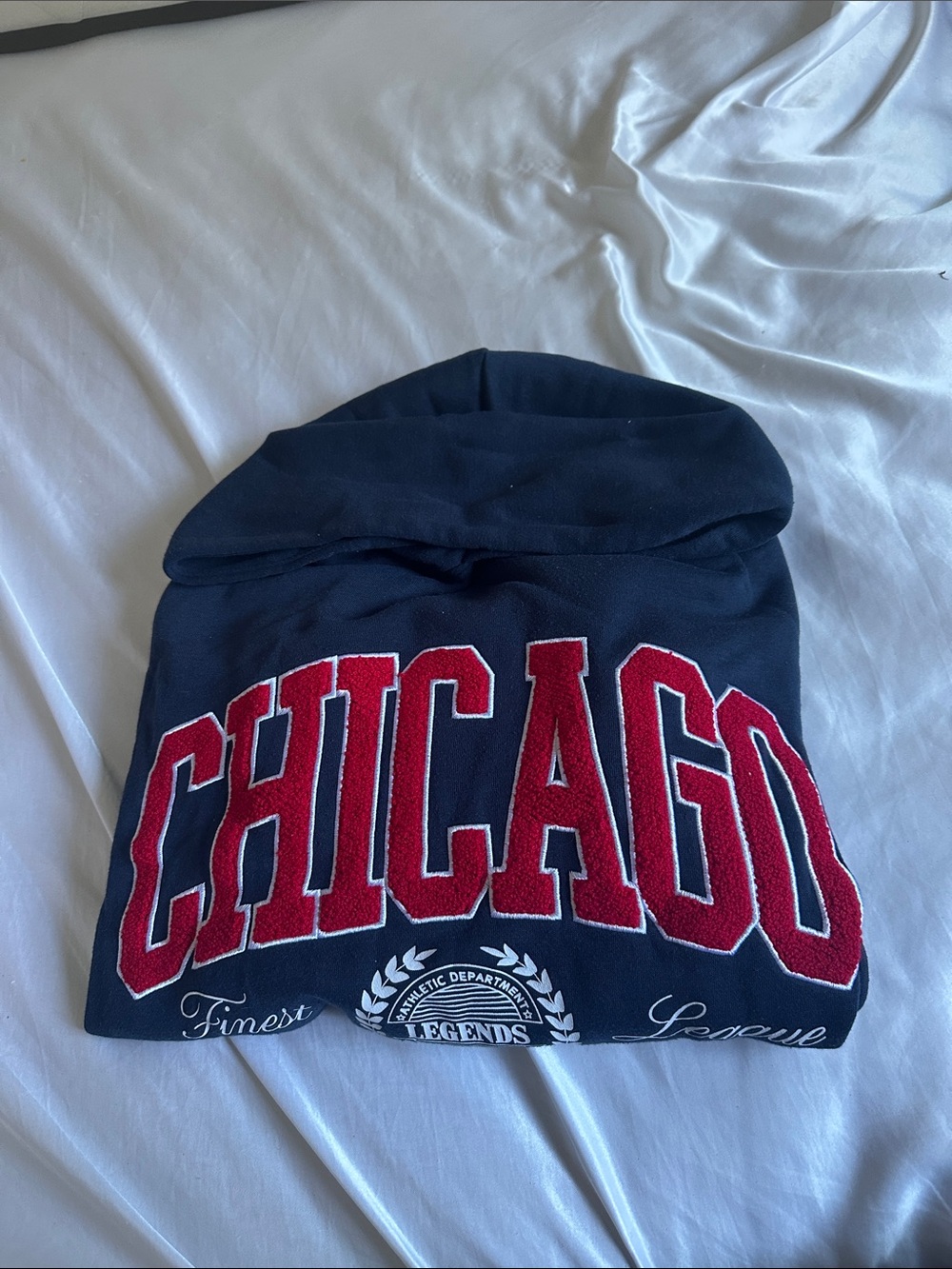 Chicago Appliqué Pullover Hoodie - Navy with Red Lettering